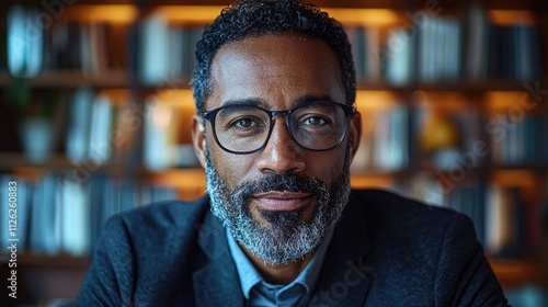 Confident middle-aged man with glasses and beard, in a library setting.