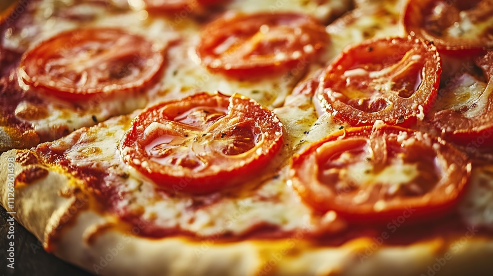 Close-up of a delicious slice of pepperoni pizza with melted mozzarella, fresh basil, and savory tomato sauce Close-up of a delicious slice of pepperoni pizza with melted mozzarella, fresh basil, and savory tomato sauce