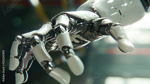 Highly detailed robotic hand extending fingers in a blurred industrial setting, highlighting advanced technology and the potential of automation and artificial intelligence