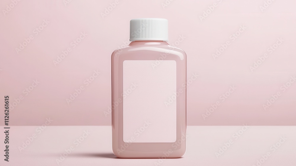 Bottle of pink liquid on soft pastel background, featuring a blank label for customization or branding. Bottle of pink liquid on soft pastel background, featuring a blank label for customization or branding.