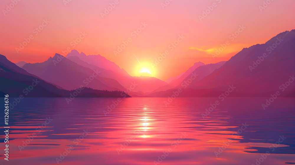 Captivating Sunset Behind Mountains Reflecting on Pristine Lake Captivating Sunset Behind Mountains Reflecting on Pristine Lake