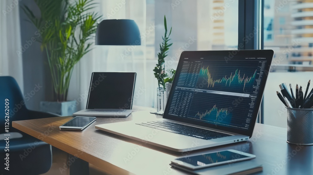 Modern Workplace Setup: A sleek laptop displays dynamic financial charts, surrounded by essential office tools and greenery in a bright, contemporary workspace. The image evokes efficiency. Modern Workplace Setup: A sleek laptop displays dynamic financial charts, surrounded by essential office tools and greenery in a bright, contemporary workspace. The image evokes efficiency.