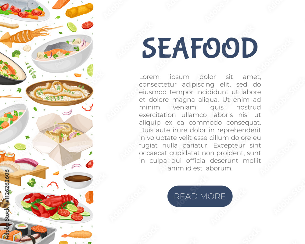 Seafood Dish Banner Design with Served Meal Vector Template Seafood Dish Banner Design with Served Meal Vector Template