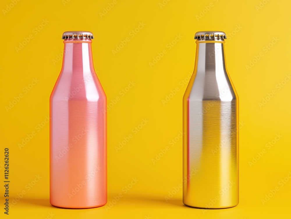 Vibrant metallic bottles in pink and gold against a bright yellow background. Vibrant metallic bottles in pink and gold against a bright yellow background.