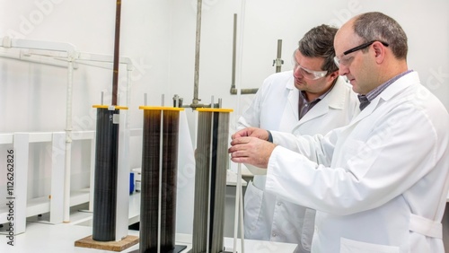 A series of ecofriendly biopolymer films being characterized in a testing lab as technicians assess their degradation rates under various environmental conditions.