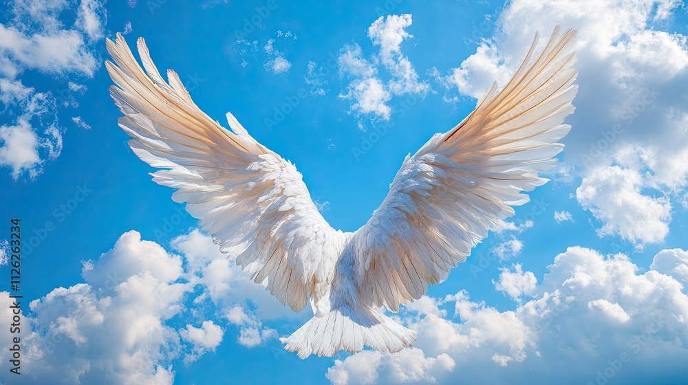 Fototapeta premium Majestic angel wings spread wide against a vibrant blue sky dotted with soft white clouds