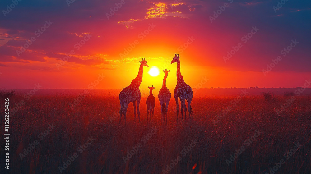 A family of giraffes silhouetted against the glowing orange hues of a savanna sunset A family of giraffes silhouetted against the glowing orange hues of a savanna sunset
