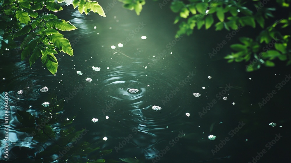 Shimmering Light Reflections on Water Surface with Green Foliage Shimmering Light Reflections on Water Surface with Green Foliage