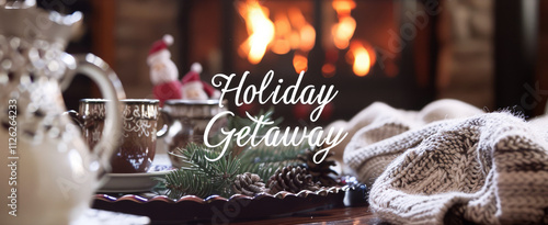 Holiday scene with warm fireplace, cozy decor, and festive Holiday Getaway text.