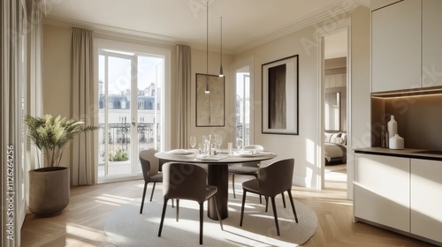 Modern Dining Room with Elegant Touches  A beautifully furnished dining room in a contemporary apartment  featuring a round marble table  brown chairs  and a sleek kitchen design.