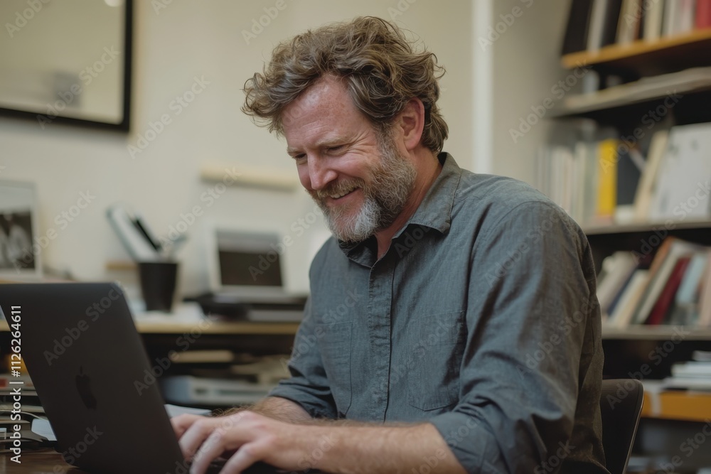 Side view portrait of smiling adult man using laptop while enjoying work in office Side view portrait of smiling adult man using laptop while enjoying work in office