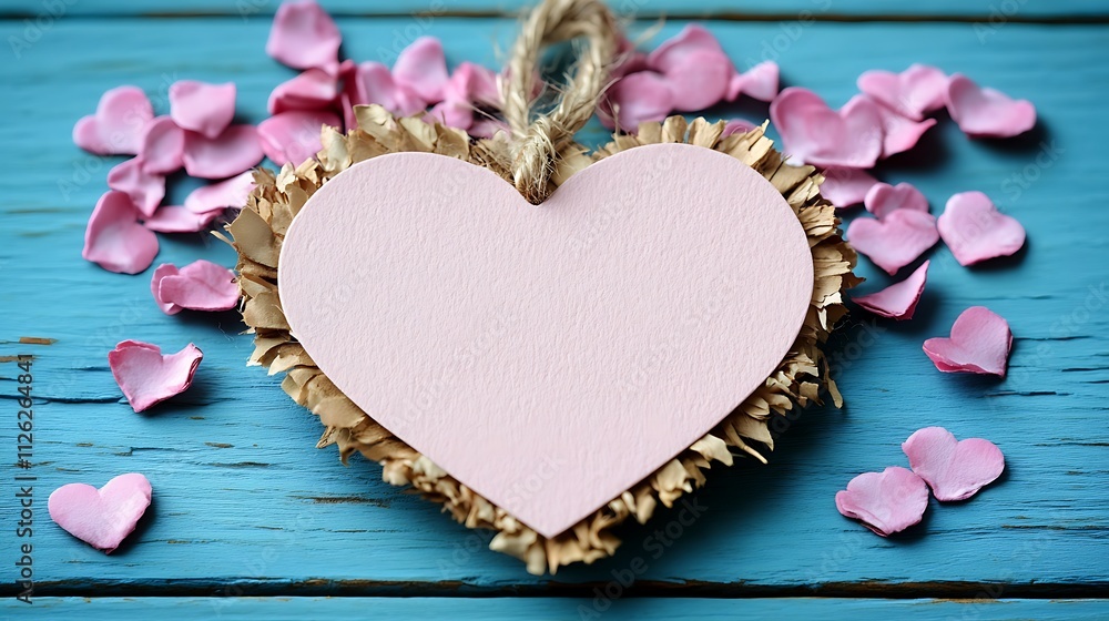 Fototapeta premium A Valentine's card minimal in concept: a smooth panel of pastel color—rosy blush or subtle peach—occupies the center, left completely bare. Around it, the background remains calm and understated, 