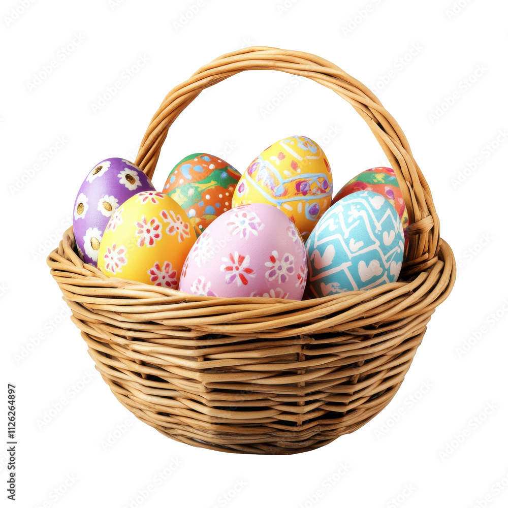 A basket of Easter eggs with different colors and patterns isolated on transparent background, png A basket of Easter eggs with different colors and patterns isolated on transparent background, png