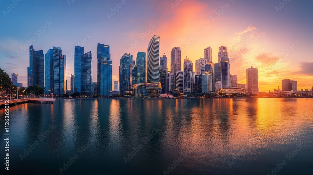 Obraz premium Singapore Skyline at Sunset: A breathtaking cityscape panorama captures the vibrant energy of Singapore as the sun sets.