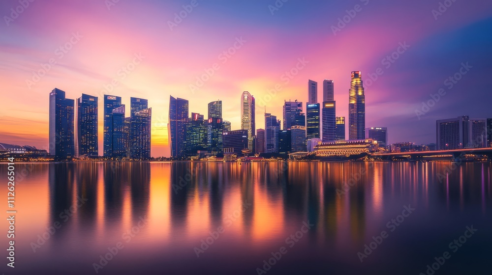 Singapore Skyline at Sunset: A breathtaking panoramic view of Singapore's iconic skyline bathed in the warm glow of a vibrant sunset, with the cityscape reflected in the tranquil waters below. Singapore Skyline at Sunset: A breathtaking panoramic view of Singapore's iconic skyline bathed in the warm glow of a vibrant sunset, with the cityscape reflected in the tranquil waters below.