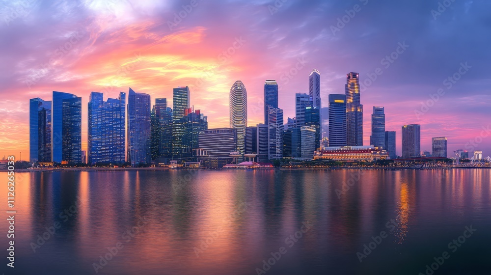 Singapore Skyline at Sunset: A panoramic view of Singapore's iconic skyline bathed in the warm hues of a breathtaking sunset, showcasing the city's modern architecture and vibrant energy. Singapore Skyline at Sunset: A panoramic view of Singapore's iconic skyline bathed in the warm hues of a breathtaking sunset, showcasing the city's modern architecture and vibrant energy.