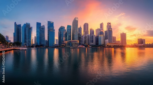 Wallpaper Mural Singapore Skyline at Sunset: A breathtaking cityscape panorama captures the vibrant energy of Singapore as the sun sets. Torontodigital.ca