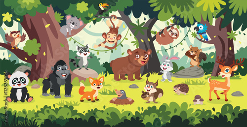 Cartoon Animals Posing At Forest