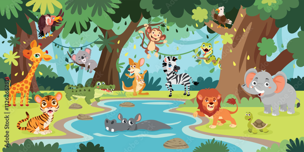 Obraz premium Cartoon Animals Posing At Forest
