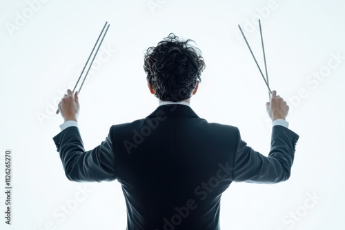 The back view of a conductor in a formal black suit holding two batons photo