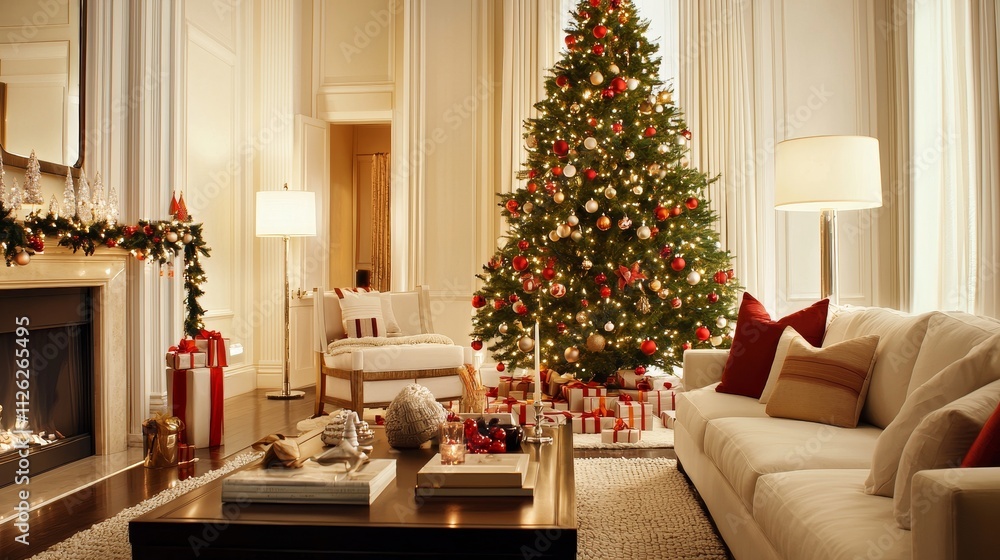 Holiday festivities in a cozy living room with christmas tree Holiday festivities in a cozy living room with christmas tree