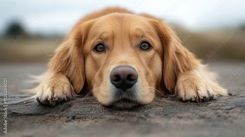 A golden retriever lying peacefully on a beach with its head resting on a log A golden retriever lying peacefully on a beach with its head resting on a log
