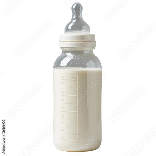 A formula baby bottle filled with powder milk isolated on white background. Suitable for marketing or business purposes. PNG file