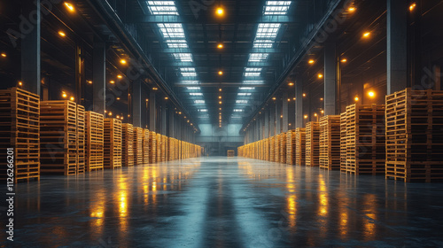minimalist warehouse with stacked wooden pallets and glowing