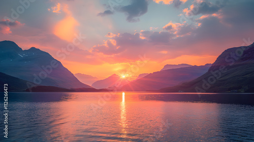 Captivating Sunset Behind Mountains Reflecting on Pristine Lake