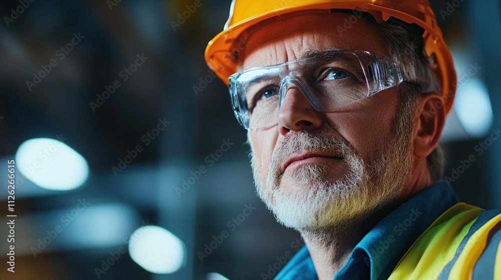 A smiling construction worker wearing a safety helmet and protective glasses A smiling construction worker wearing a safety helmet and protective glasses
