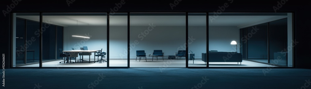 Fototapeta premium Minimalist Modern Office Interior with Large Panoramic Windows Overlooking a Serene Outdoor Landscape