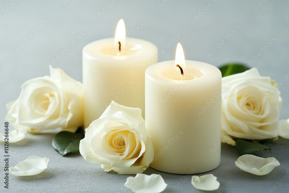 White candles with roses and flowers petals funeral memrial White candles with roses and flowers petals funeral memrial