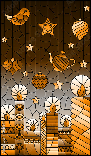 An illustration in the style of a stained glass window on the theme of New year and Christmas with bright curly candles and Christmas tree toys , tone brown