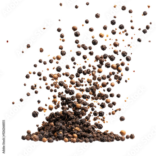 A burst of black peppercorns. Spice, flavor, culinary.