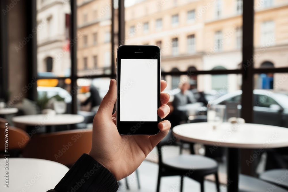 Mockup image of woman's hand holding mobile phone at cafe. AI generated Mockup image of woman's hand holding mobile phone at cafe. AI generated