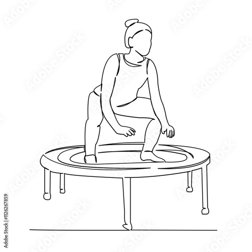 One continuous single drawing line art flat doodle girl, activity, exercise, trampoline, sport, jump. Isolated image hand draw contour on a white background
