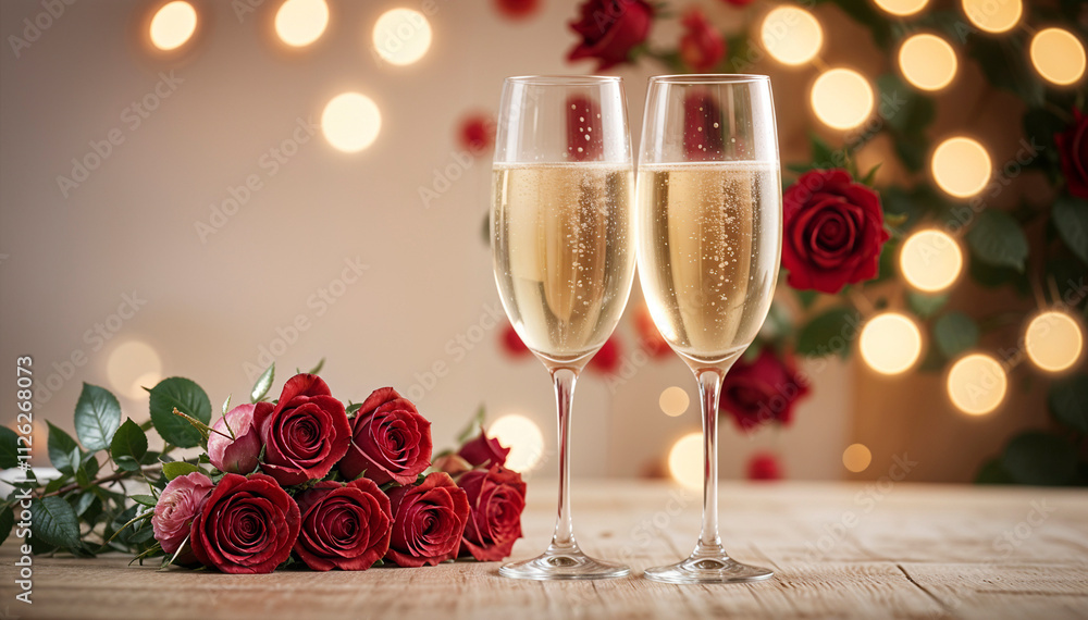two glasses of champagne and red roses romantic background two glasses of champagne and red roses romantic background
