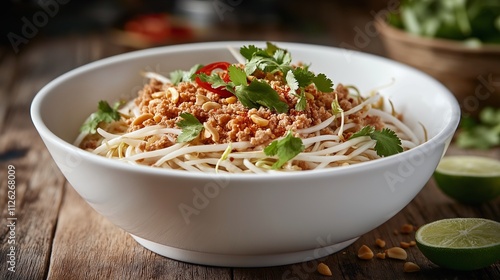 A delicious bowl of noodles topped with ground meat, fresh herbs, and lime, served in a rustic setting.