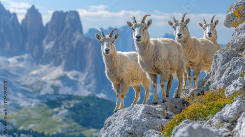 A group of mountain goats scaling a rocky cliff, framed by a backdrop of towering peaks