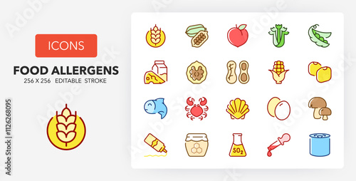 Line icons about food allergens Contains such icons as gluten, sulphites, lactose and more. 256x256 Pixel Perfect editable in two colors