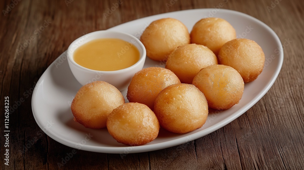 A plate of golden, fried dough balls served with a creamy dipping sauce, showcasing a delicious snack or dessert option. A plate of golden, fried dough balls served with a creamy dipping sauce, showcasing a delicious snack or dessert option.