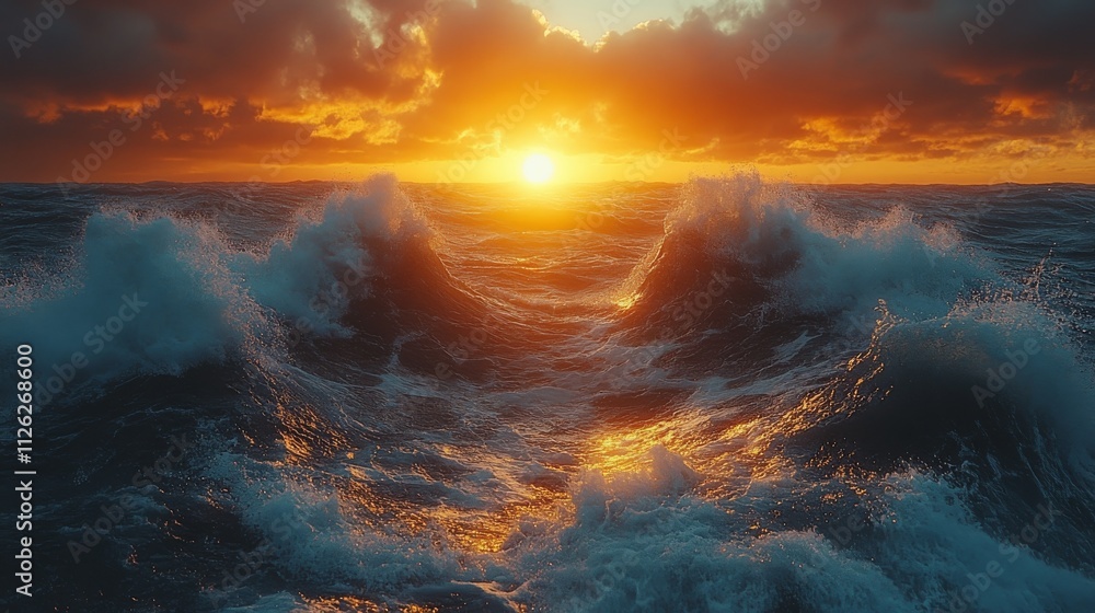 Fototapeta premium Dramatic Sunset over Ocean Waves at Iceland's Black Sand Beaches