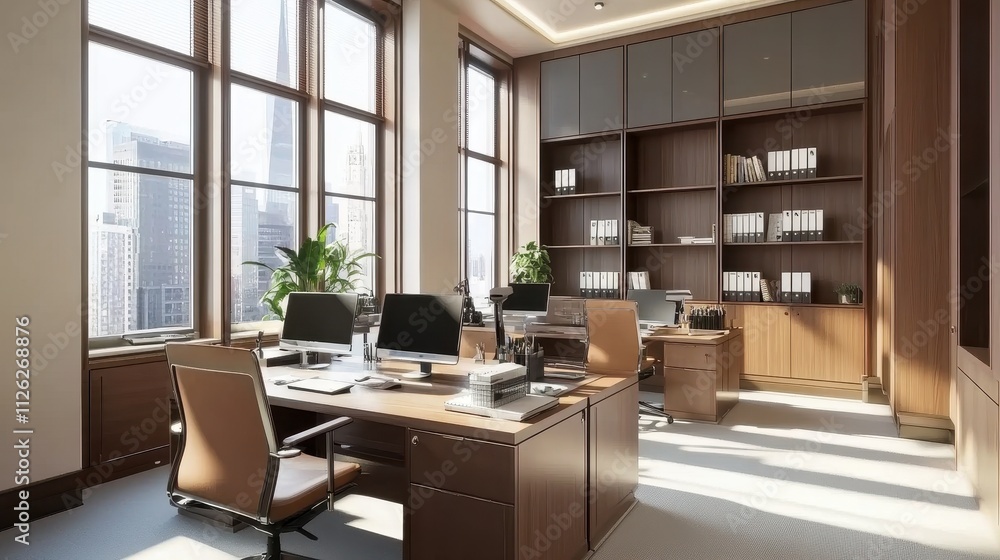 Elegant and Sophisticated Modern Office Interior with Panoramic Window View Elegant and Sophisticated Modern Office Interior with Panoramic Window View