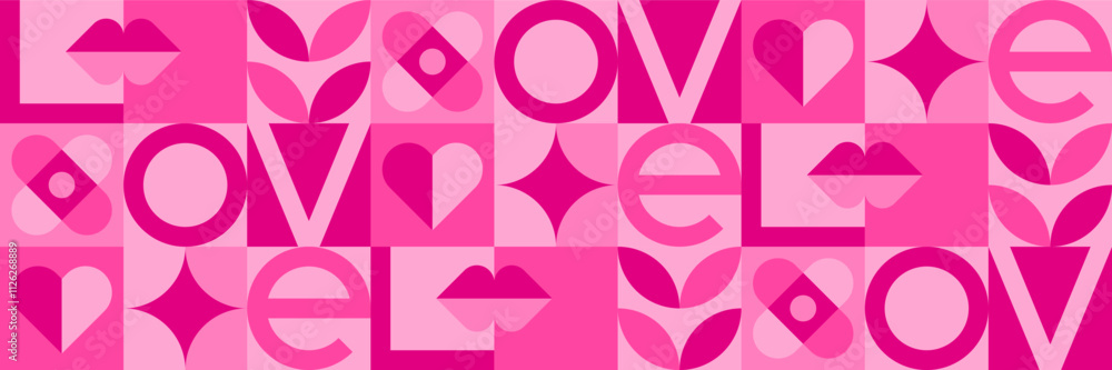 Abstract geometric background for Valentines day with hearts and love word. Pink Valentines day poster in modern minimal style. Geometric seamless pattern in love concept, vector illustration Abstract geometric background for Valentines day with hearts and love word. Pink Valentines day poster in modern minimal style. Geometric seamless pattern in love concept, vector illustration