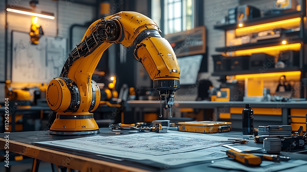 Robotic Arm Precisely Draws Blueprint in Workshop Robotic Arm Precisely Draws Blueprint in Workshop