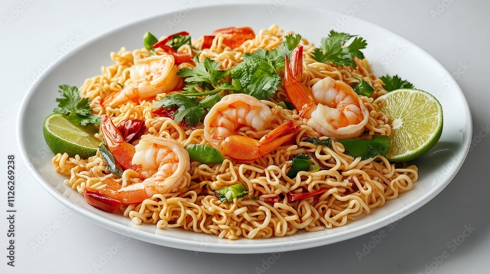 A colorful plate of shrimp noodles garnished with lime, cilantro, and vegetables, showcasing a delicious and vibrant meal. A colorful plate of shrimp noodles garnished with lime, cilantro, and vegetables, showcasing a delicious and vibrant meal.
