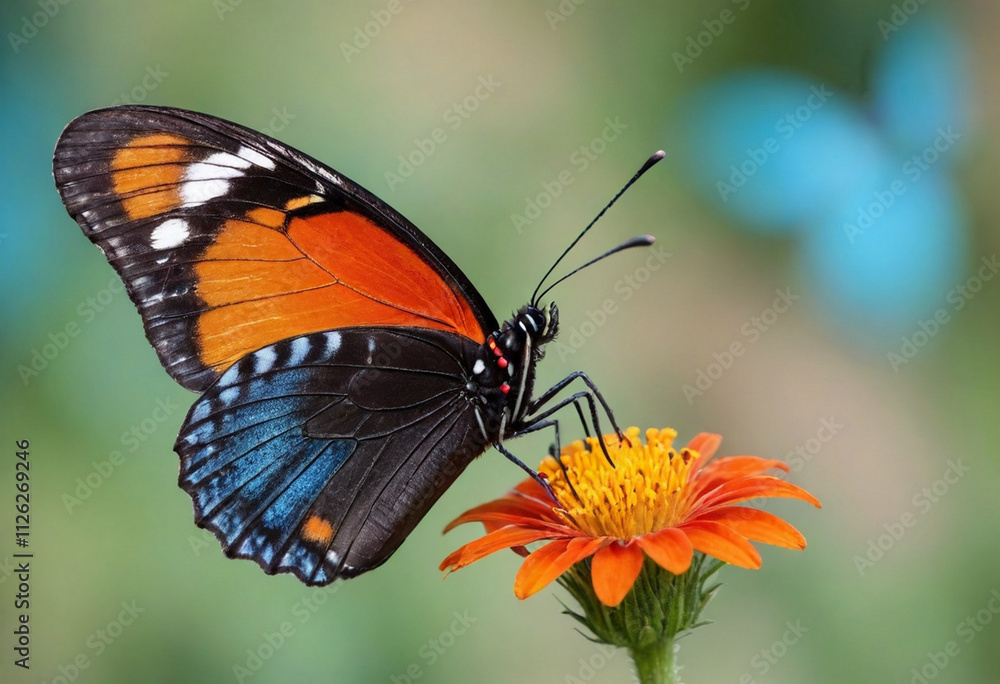 Obraz premium Monarch butterfly, vibrant orange wings, black veins, white spots, yellow flowers, green leaves, soft focus background, macro photography, detailed wings, nature close-up, delicate insect, pollinator,