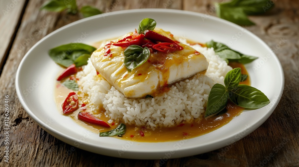 A beautifully plated dish featuring fish on a bed of rice, garnished with herbs and red peppers, served on a rustic wooden table. A beautifully plated dish featuring fish on a bed of rice, garnished with herbs and red peppers, served on a rustic wooden table.