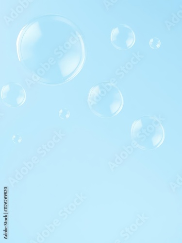 Clean blue soap bubbles in various sizes floating in the air, blue