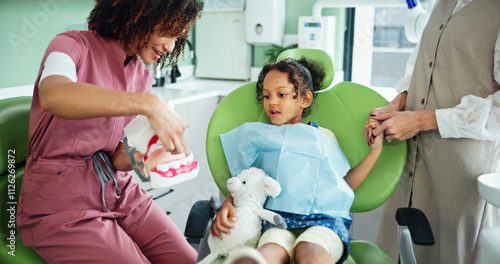 Cuadro en lienzo Dentist, tooth model and woman with child in clinic for extraction, cleaning and wellness
